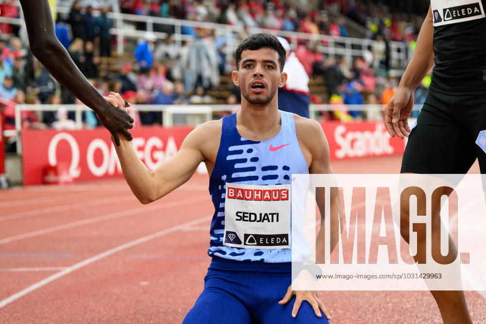 Djamel Sedjati of Algeria celebrates after men s 800 m during Bauhaus galan, part of the Diamond League series, on July 2, 2023 in Stockholm Photo Fredrik Karlsson BILDBYRAN COP 185 JM0496 bbeng friidrott athletics friidrett diamond league bauhaus galan stockholm jubel