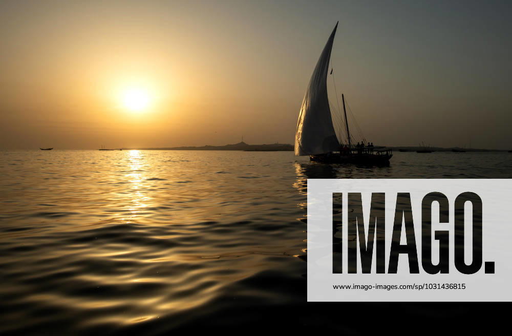 Dubai sailing race A dhow is testing sails at the sunset near Sir Bu Nuayr Island ahead of Al Gafffal, a long distance sailing race of traditional wooden boats to Dubai, United Arab Emirates, May 29, 2023. Dubai United Arab Emirates