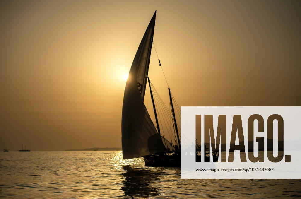 Dubai sailing race A dhow is testing sails at the sunset near Sir Bu Nuayr Island ahead of Al Gafffal, a long distance sailing race of traditional wooden boats to Dubai, United Arab Emirates, May 29, 2023. Dubai United Arab Emirates