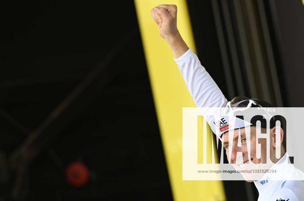 KW27 Slovenian Tadej Pogacar of UAE Team Emirates celebrates on the podium in the white jersey for best young rider after stage 7 of the Tour de France cycling race, a 169,9 km race from Mont-de-Marsan to Bordeaux, France, Friday 07 July 2023. This year s Tour de France takes place from 01 to 23 July 2023. DIRKxWAEM x70259478x