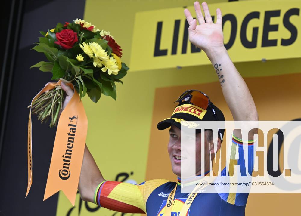 Danish Mads Pedersen of Lidl-Trek celebrates on the podium after winning stage 8 of the Tour de France cycling race, a 200.7 km race from Libourne to Limoges , France, Saturday 08 July 2023. This year s Tour de France takes place from 01 to 23 July 2023. DIRKxWAEM x70315832x