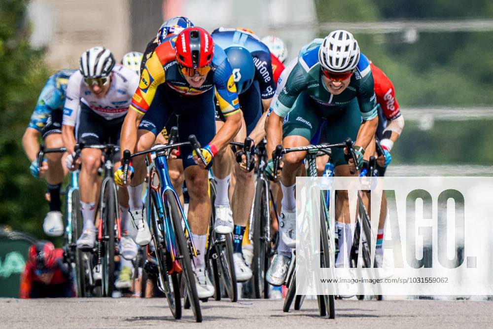 Danish Mads Pedersen of Lidl-Trek and Belgian Jasper Philipsen of Alpecin-Deceuninck sprint to the finish of stage 8 of the Tour de France cycling race, a 200.7 km race from Libourne to Limoges , France, Saturday 08 July 2023. This year s Tour de France takes place from 01 to 23 July 2023. JASPERxJACOBS x70322174x