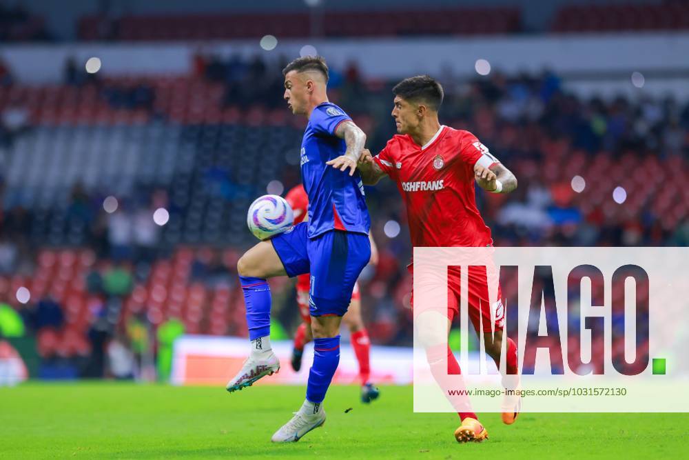 Liga BBVA MX Apertura 2023 Cruz Azul vs Toluca (L-R), Augusto Lotti of Cruz Azul and Valber Huerta of Toluca during the game Cruz Azul vs Toluca, corresponding to Round 02 of the Torneo Apertura 2023 of the Liga BBVA MX, at Azteca Stadium, on July 08, 2023. <br><br> (I-D), Augusto Lotti de Cruz Azul y Valber Huerta de Toluca durante el partido Cruz Azul vs Toluca, correspondiente a la Jornada 02 del Torneo Apertura 2023 de la Liga BBVA MX, en el Estadio Azteca, el 08 de Julio de 2023. CIUDAD DE MEXICO CDMX MEXICO