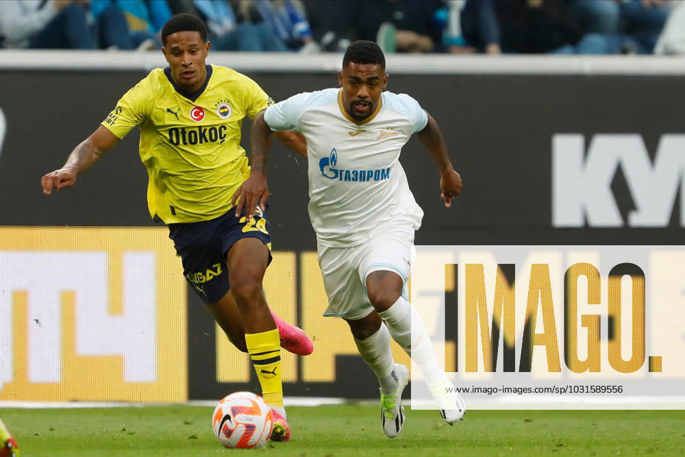 Zenit St. Petersburg v Fenerbahce SK - Pari Match Premier Malcom (R) of Zenit St. Petersburg and Jayden Oosterwolde of Fenerbahce vie for the ball during the Pari Match Premier tournament match between FC Zenit Saint Petersburg and Fenerbahce SK on July 9, 2023 at Gazprom Arena in Saint Petersburg, Russia. Saint Petersburg Russia