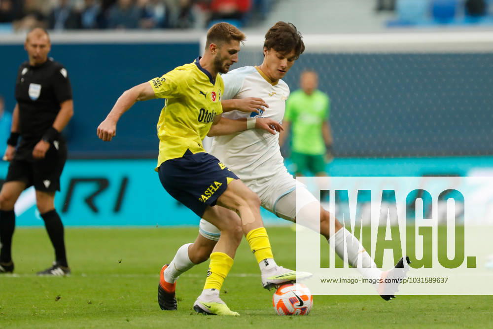 Zenit St. Petersburg v Fenerbahce SK - Pari Match Premier Dmitry Vasiliev (R) of Zenit St. Petersburg and Ismail Yuksek of Fenerbahce vie for the ball during the Pari Match Premier tournament match between FC Zenit Saint Petersburg and Fenerbahce SK on July 9, 2023 at Gazprom Arena in Saint Petersburg, Russia. Saint Petersburg Russia