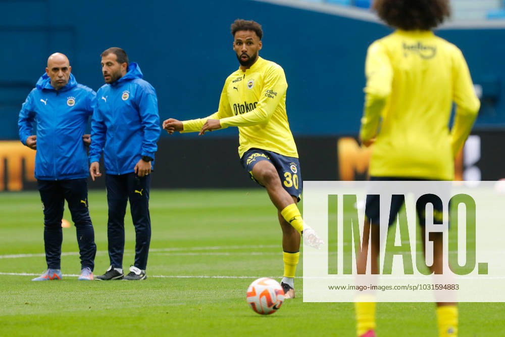 Zenit St. Petersburg v Fenerbahce SK - Pari Match Premier Nazim Sangare (C) of Fenerbahce passes the ball during the warm-up ahead of the Pari Match Premier tournament match between FC Zenit Saint Petersburg and Fenerbahce SK on July 9, 2023 at Gazprom Arena in Saint Petersburg, Russia. Saint Petersburg Russia