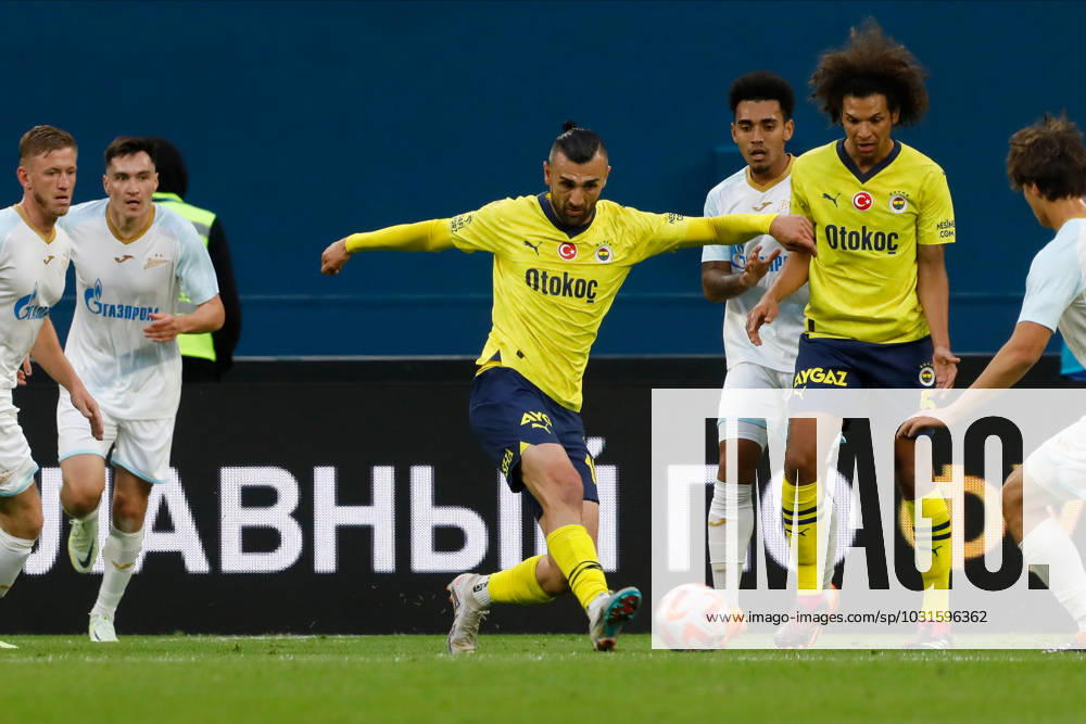 Zenit St. Petersburg v Fenerbahce SK - Pari Match Premier Serdar Dursun (C) of Fenerbahce in action during the Pari Match Premier tournament match between FC Zenit Saint Petersburg and Fenerbahce SK on July 9, 2023 at Gazprom Arena in Saint Petersburg, Russia. Saint Petersburg Russia