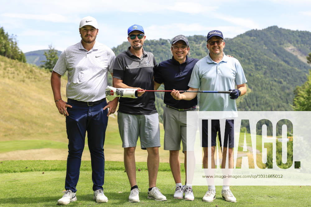 GOLF - EURAM Bank Open 2023 RAMSAU,AUSTRIA,12.JUL.23 - GOLF - Challenge Tour, EURAM Bank Open 2023, GC Adamstal. Image shows Pierre Pineau (FRA), Franz Wittmann Jr., Bernhard Haselsteiner and Serge Falck. GEPAxpictures Buehner
