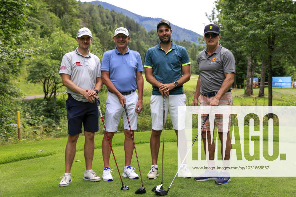 GOLF - EURAM Bank Open 2023 RAMSAU,AUSTRIA,12.JUL.23 - GOLF - Challenge Tour, EURAM Bank Open 2023, GC Adamstal. Image shows Nicolai Kristensen (DEN), Josef Oistric, Peter Kazianschuetz and Marc Habscheid. GEPAxpictures Buehner