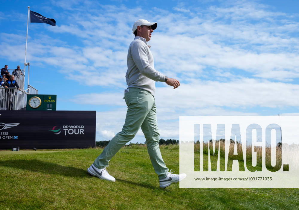 Mandatory Credit: Photo by Stuart Wallace Shutterstock (14003893a) Rory McIlroy walks off the first tee. Genesis Scottish Open, Day One, Golf, The Renaissance Club, North Berwick, UK - 13 Jul 2023 Genesis Scottish Open, Day One, Golf, The Renaissance Club, North Berwick, UK - 13 Jul 2023