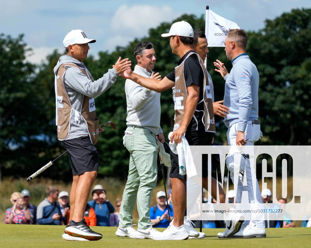 Mandatory Credit: Photo by Stuart Wallace Shutterstock (14003893z) Rory McIlroy (IRL), Xander Schauffele (USA) & Justin Thomas (USA) shake hands after finishing their first round game at the 9th hole. Genesis Scottish Open, Day One, Golf, The Renaissance Club, North Berwick, UK - 13 Jul 2023 Genesis Scottish Open, Day One, Golf, The Renaissance Club, North Berwick, UK - 13 Jul 2023