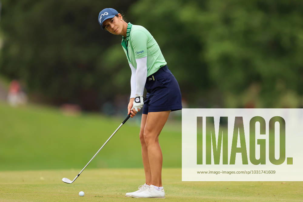 DANA Open Defending champion Azahara Munoz of San Pedro de Alcantara, Spain prepares to chip onto the 9th green during the first round of the Dana Open golf tournament at Highland Meadows Golf Club in Sylvania, Ohio USA, on Thursday, July 13, 2023. Sylvania Ohio United States