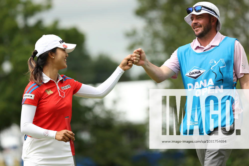 Dana Open Jaravee Boonchant of Thailand celebrates with her caddie after putting in for a birdie on the second green during Day One of the Dana Open at Highland Meadows Golf Club in Sylvania, Ohio USA, on Thursday, July 13, 2023. Sylvania Ohio United States