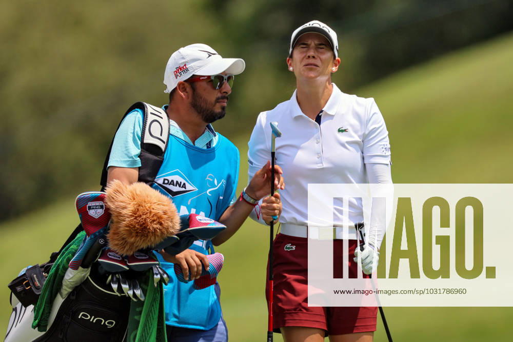 DANA Open Azahara Munoz of San Pedro de Alcantara, Spain reacts after hitting from the 9th fairway during the second round of the Dana Open golf tournament at Highland Meadows Golf Club in Sylvania, Ohio USA, on Friday, July 14, 2023. Sylvania Ohio United States