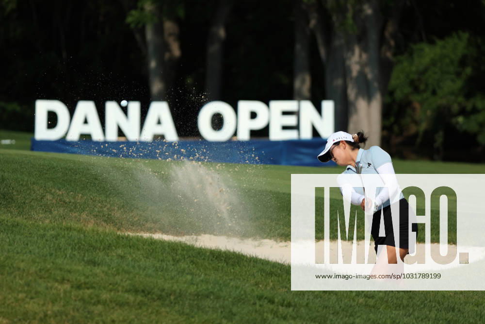 Dana Open Rose Zhang blasts out of the sand trap toward the 18th green during Day Two of the Dana Open at Highland Meadows Golf Club in Sylvania, Ohio USA, on Friday, July 14, 2023. Sylvania Ohio United States