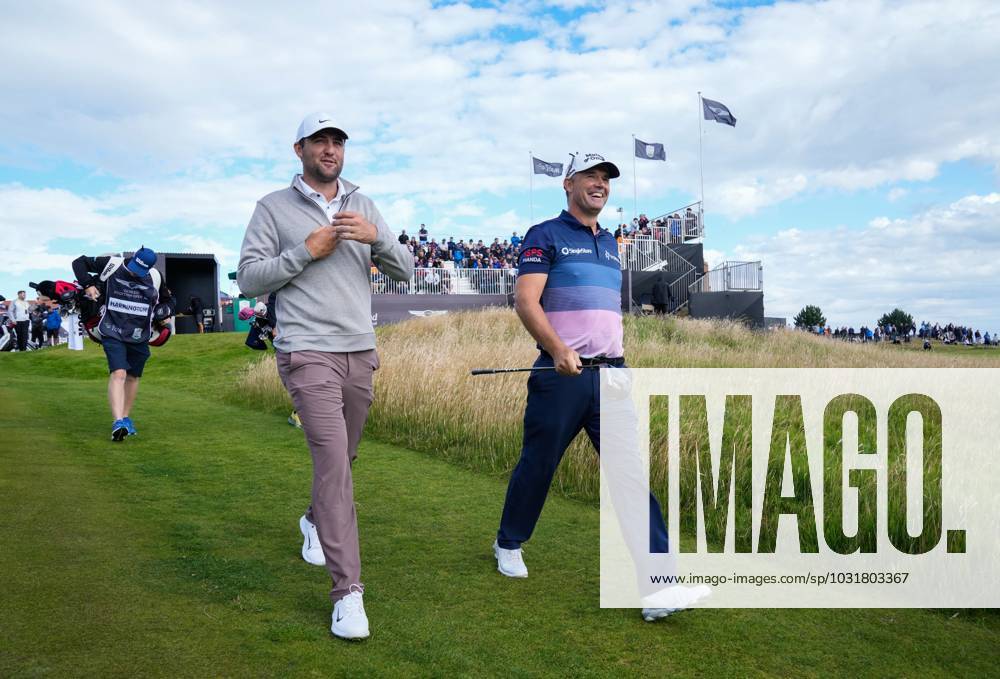 Mandatory Credit: Photo by Stuart Wallace Shutterstock (14003897c) Scottie Scheffler (USA) & Padraig Harrington (IRL) walk towards the walks towards the fairway on the 1st hole during the 3rd round. Genesis Scottish Open, Day Three, Golf, The Renaissance Club, North Berwick, UK - 15 Jul 2023 Genesis Scottish Open, Day Three, Golf, The Renaissance Club, North Berwick, UK - 15 Jul 2023