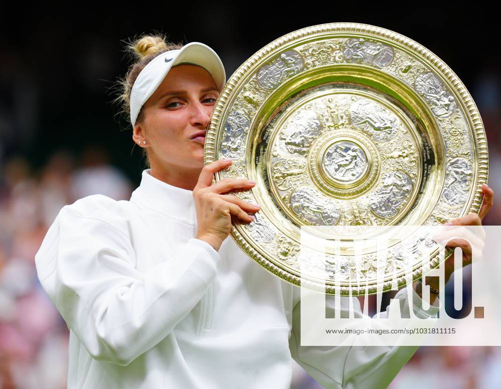 Mandatory Credit: Photo by Javier Garcia Shutterstock (14010521eo) Marketa Vondrousova lifts the Venus Rosewater Dish after victory in the Ladies Singles final Wimbledon Tennis Championships, Day 13, The All England Lawn Tennis and Croquet Club, London, UK - 15 Jul 2023 Wimbledon Tennis Championships, Day 13, The All England Lawn Tennis and Croquet Club, London, UK - 15 Jul 2023