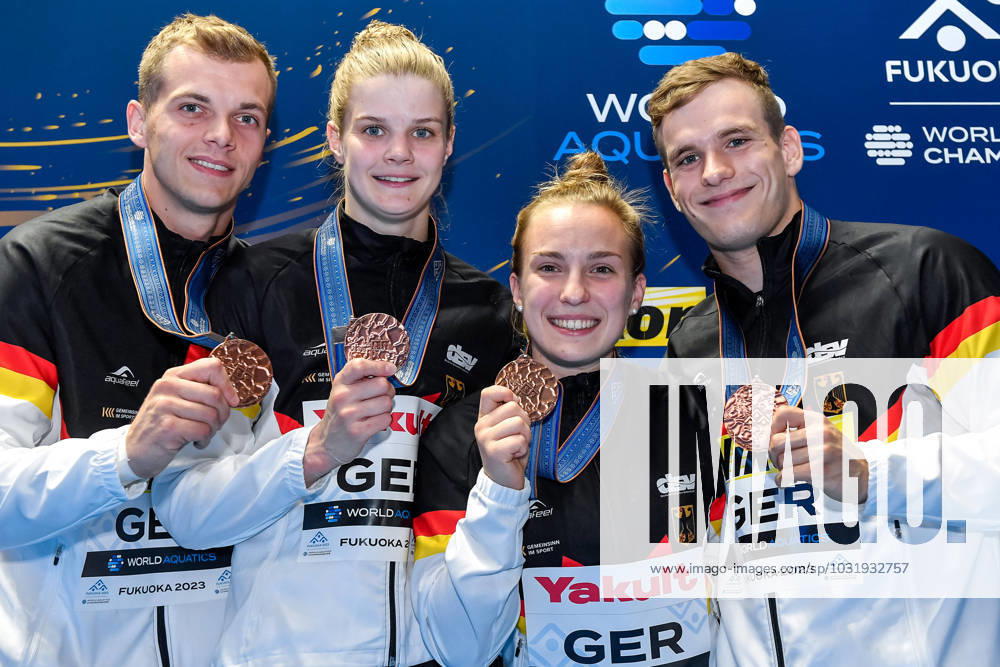 KW29 Timo Barthel of Germany, Christina Wassen of Germany, Moritz Wesemann of Germany, Lena Hentschel of Germany show the bronze medal after competing in the Team Event Mixed Final during the 20th World Aquatics Championships at the Fukuoka Prefectural Pool in Fukuoka (Japan), July 18th, 2023. AndreaXStaccioli