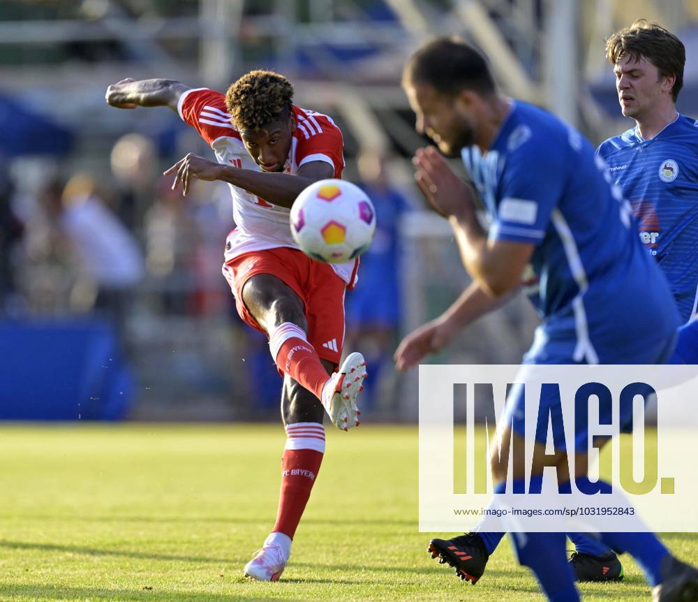 Football 1 Bundesliga 2023 2024, FC Bayern Munich training camp in Rottach Egern am Tegernsee test match at Birkenmoos sports field, FC Rottach Egern FC Bayern Munich, Kingsley Coman FC Bayern Munich shoots