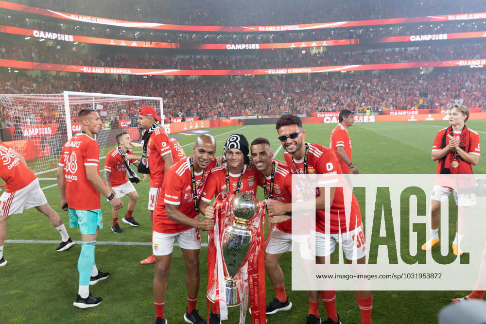 Joao Mario, Joao Neves, Chiquinho, Goncalo Ramos during celebrations of SL Benficas 38 national title after game between SL Benfica and CD Santa Clara at Estadio Da Luz, Lisbon. (Maciej Rogowski) Lisbon Estadio Da Luz Portugal