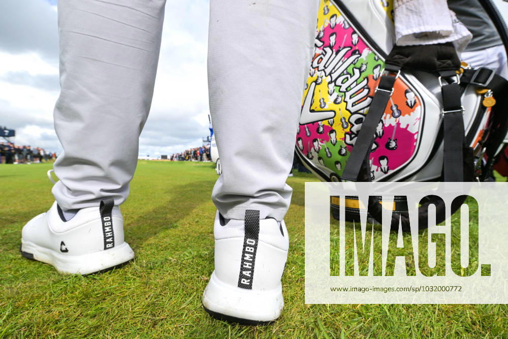 Mandatory Credit: Photo by Greig Cowie Shutterstock (14013394h) Jon Rahm on the 5th Tee Rahmbo shoe and Bag detail The British Open Championship, Practice, Golf, Royal Liverpool Golf Club, Liverpool, UK - 19 Jul 2023 The British Open Championship, Practice, Golf, Royal Liverpool Golf Club, Liverpool, UK - 19 Jul 2023