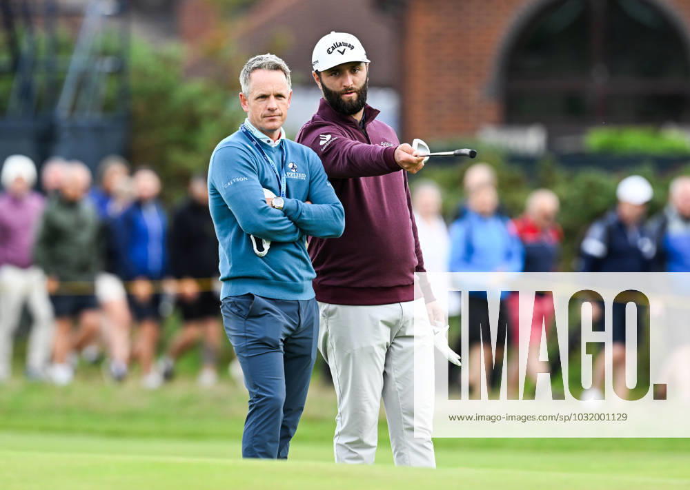 Mandatory Credit: Photo by Greig Cowie Shutterstock (14013394p) Ryder Cup Captain Luke Donald with Jon Rahm on the 4th Green The British Open Championship, Practice, Golf, Royal Liverpool Golf Club, Liverpool, UK - 19 Jul 2023 The British Open Championship, Practice, Golf, Royal Liverpool Golf Club, Liverpool, UK - 19 Jul 2023