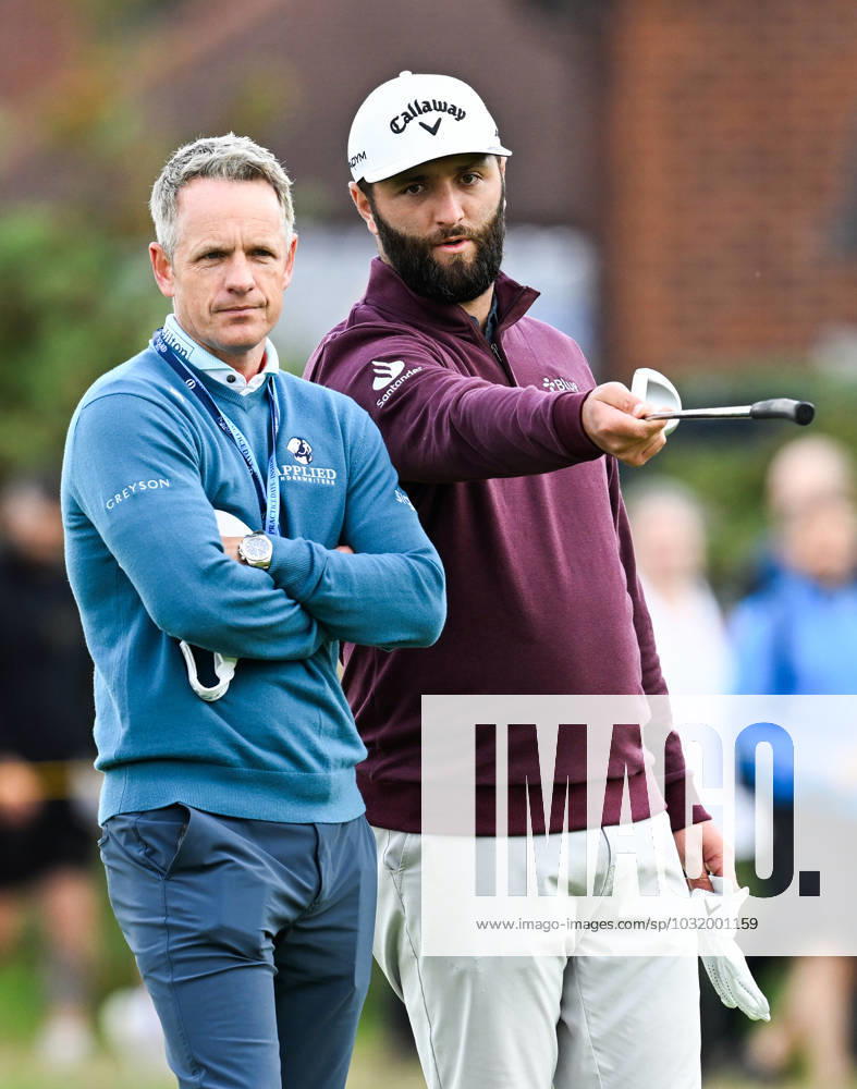 Mandatory Credit: Photo by Greig Cowie Shutterstock (14013394o) Ryder Cup Captain Luke Donald with Jon Rahm on the 4th Green The British Open Championship, Practice, Golf, Royal Liverpool Golf Club, Liverpool, UK - 19 Jul 2023 The British Open Championship, Practice, Golf, Royal Liverpool Golf Club, Liverpool, UK - 19 Jul 2023
