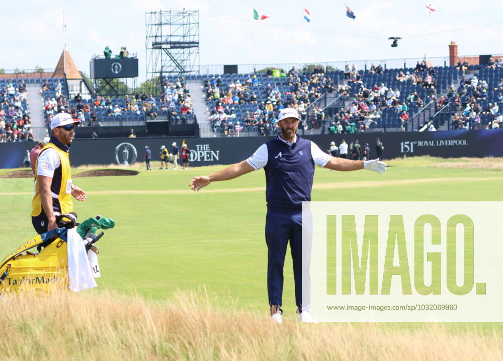 American Dustin Johnson stands on the 18th fairway after hooking his drive on the first day at the 151st Open Championship at Royal Liverpool Golf Club in Hoylake, England on Thursday, July 20, 2023. LON2023072033 HUGOxPHILPOTT