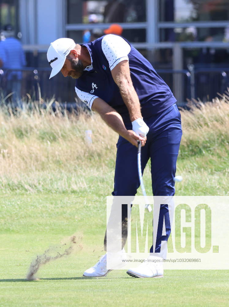 American Dustin Johnson plays a fairway iron on the first day at the 151st Open Championship at Royal Liverpool Golf Club in Hoylake, England on Thursday, July 20, 2023. LON2023072035 HUGOxPHILPOTT