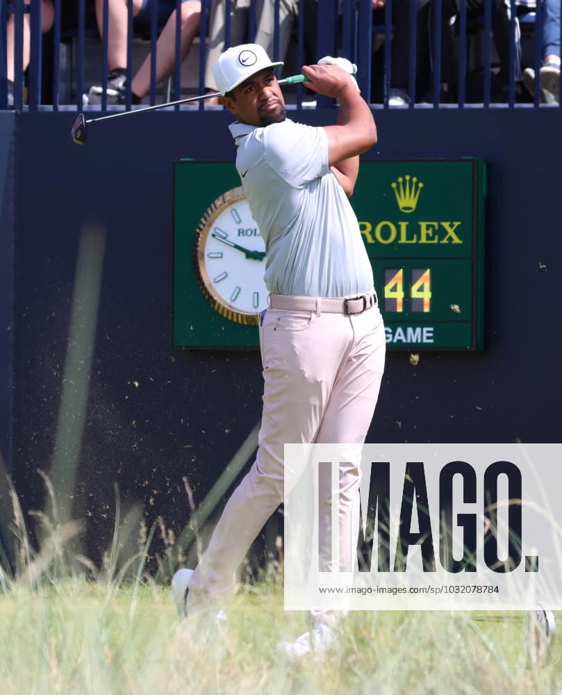 American Tony Finau tees off on the 1st hole on the first day at the 151st Open Championship at Royal Liverpool Golf Club in Hoylake, England on Thursday, July 20, 2023. LON2023072078 HUGOxPHILPOTT