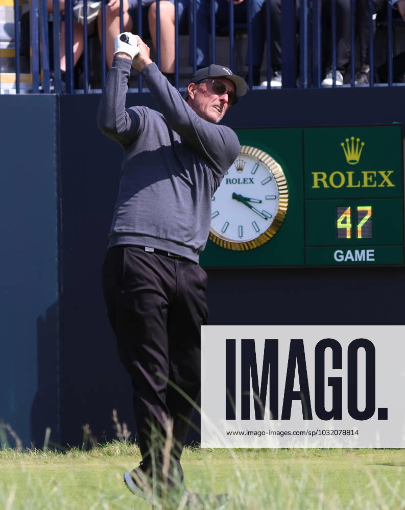 American Phil Mickelson drives on the 1st tee on the first day at the 151st Open Championship at Royal Liverpool Golf Club in Hoylake, England on Thursday, July 20, 2023. LON2023072098 HUGOxPHILPOTT