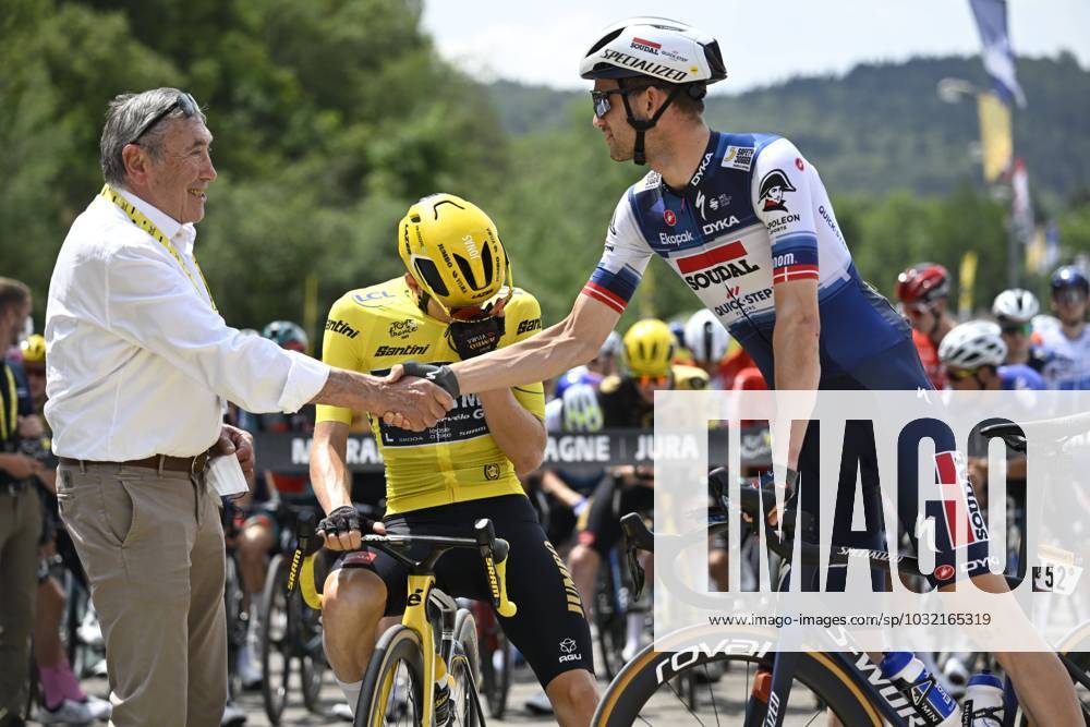 Tour de France 2023 - Stage 19 POLIGNY, FRANCE - JULY 21 : Merckx Eddy (BEL) Cycling Legend, Vingegaard Jonas (DEN) of Jumbo-Visma, Asgreen Kasper (DEN) of Soudal - Quick Step during stage 19 of the 110th edition of the Tour de France 2023 cycling race, a stage of 173 kms with start in Moirans-en-Montagne and finish in Poligny on July 21, 2023 in Poligny, France, 21 07 2023 ( Motordriver Kenny Verfaillie - Poligny France
