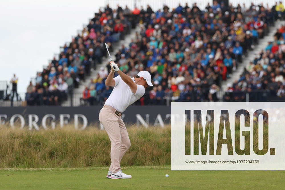 Northern Ireland s Rory Mcllroy plays an iron on the third fairway on the third day at the 151st Open Championship at Royal Liverpool Golf Club in Hoylake, England on Saturday, July 22, 2023. LON2023072208 HUGOxPHILPOTT