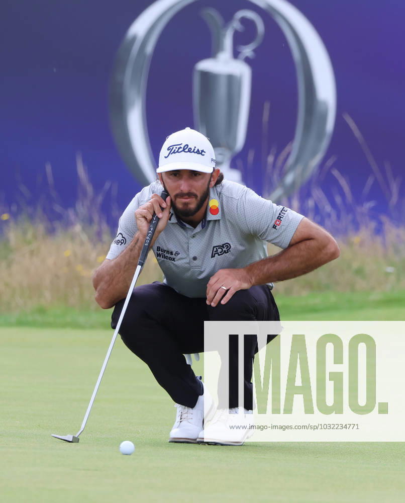 American Max Homa lines up a putt on the third green on the third day at the 151st Open Championship at Royal Liverpool Golf Club in Hoylake, England on Saturday, July 22, 2023. LON2023072210 HUGOxPHILPOTT