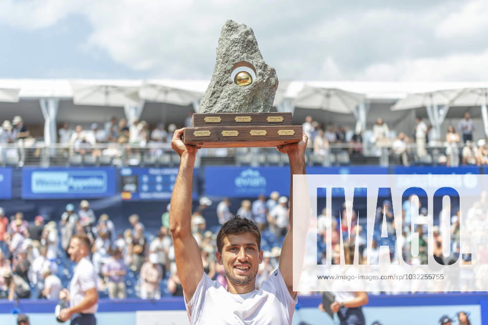 Gstaad Switzerland, 07 23 2023: Pedro Cachin of Argentina celebrates his victory during ceremony awards during final of EFG Swiss Open Gstaad ATP, Tennis Herren 250 between Pedro Cachin of Argentina and Albert Ramos-Vinolas of Spain. EFG Swiss Open Gstaad-ATP 250 took place in Roy Emerson Arena which is located in the famous ski resort of Gstaad and which is located in the Bernese Oberland. Gstaad Switzerland - ZUMAd206 0299949481st