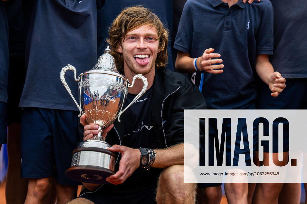 Andrey Rublev, Russia, celebrates with the Mr. G? trophy after the singles final during day 7 of the ATP Nordea Open on July 22, 2023 in Bastad, Sweden.