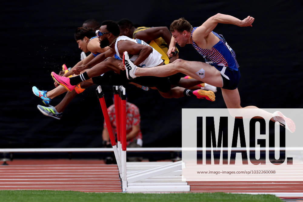 KW29 23rd July 2023; London Stadium, London, England; 2023 London Diamond League Athletics; The mens 110m hurdles as athletes clear a hurdle ActionPlus12534292 ShaunxBrooks