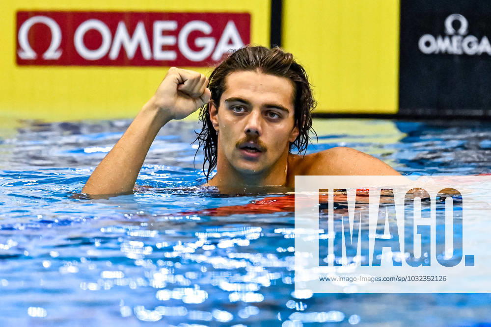 KW30 Thomas Ceccon of Italy celebrates after winning the gold medal in the 50m Butterfly Men Final during the 20th World Aquatics Championships at the Marine Messe Hall A in Fukuoka (Japan), July 24th, 2023. AndreaXMasini