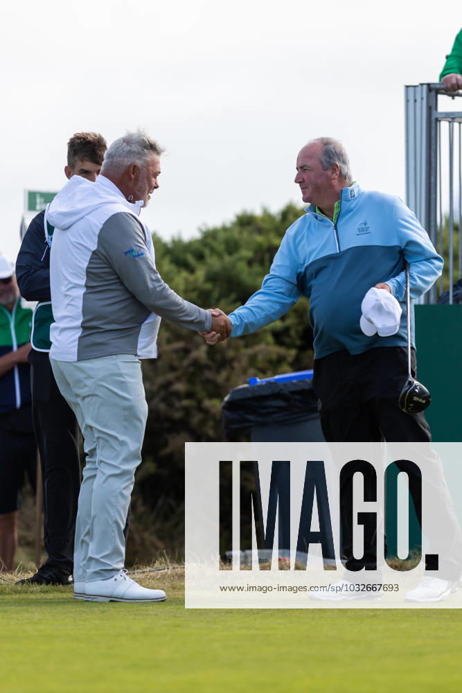 29th July 2023; Royal Porthcawl, Porthcawl, Bridgend, Wales: Senior Open Championship, Round 3; Northern Ireland& x2019;s Darren CLARKE (L) shakes hands with his countryman Damian MOONEY before the first tee off. ActionPlus12536823 DanxMinto