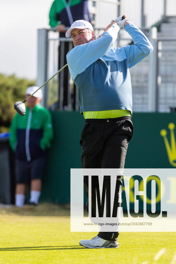 29th July 2023; Royal Porthcawl, Porthcawl, Bridgend, Wales: Senior Open Championship, Round 3; Damian MOONEY tees off at the first. ActionPlus12536824 DanxMinto