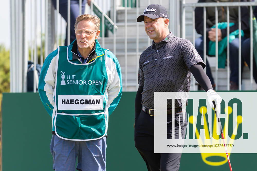 29th July 2023; Royal Porthcawl, Porthcawl, Bridgend, Wales: Senior Open Championship, Round 3; Sweden& x2019;s Joakim HAEGGMAN chats with his caddy on the first tee. ActionPlus12536831 DanxMinto