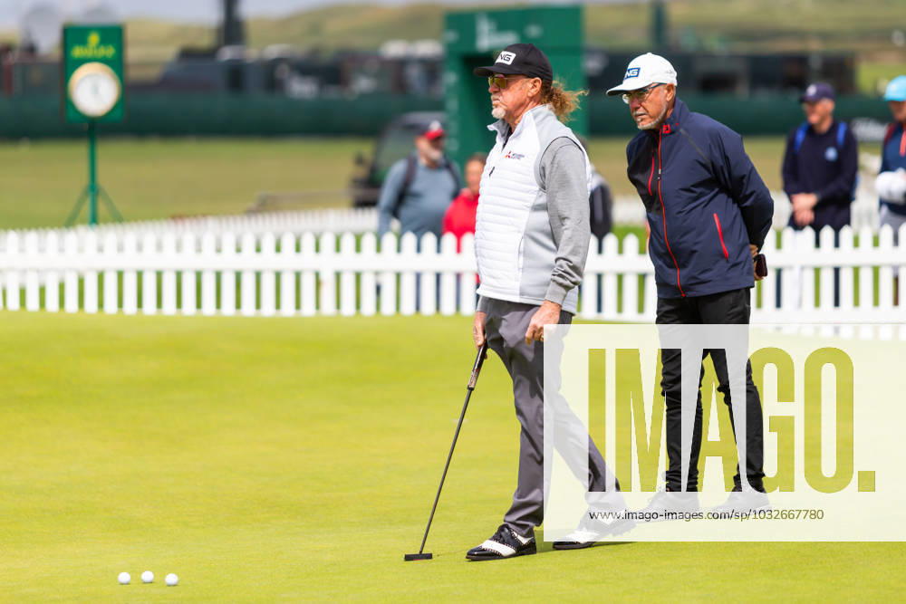 29th July 2023; Royal Porthcawl, Porthcawl, Bridgend, Wales: Senior Open Championship, Round 3; Miguel Angel JIMENEZ with his caddy on the practice green. ActionPlus12536836 DanxMinto