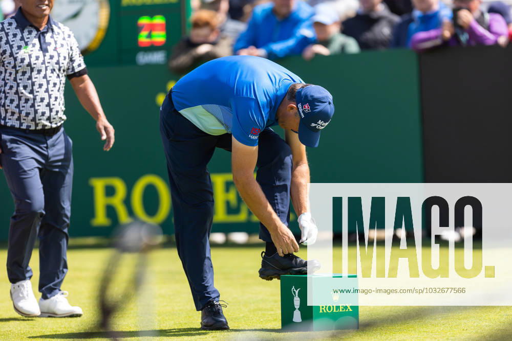 29th July 2023; Royal Porthcawl, Porthcawl, Bridgend, Wales: Senior Open Championship, Round 3; Ireland& x2019;s Padraig HARRINGTON ties his laces at the first tee. ActionPlus12537107 DanxMinto