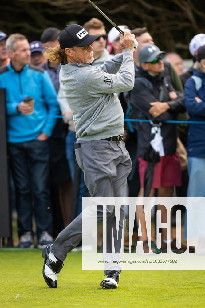 29th July 2023; Royal Porthcawl, Porthcawl, Bridgend, Wales: Senior Open Championship, Round 3; Spain& x2019;s Miguel Angel JIMENEZ drives the first tee. ActionPlus12537111 DanxMinto
