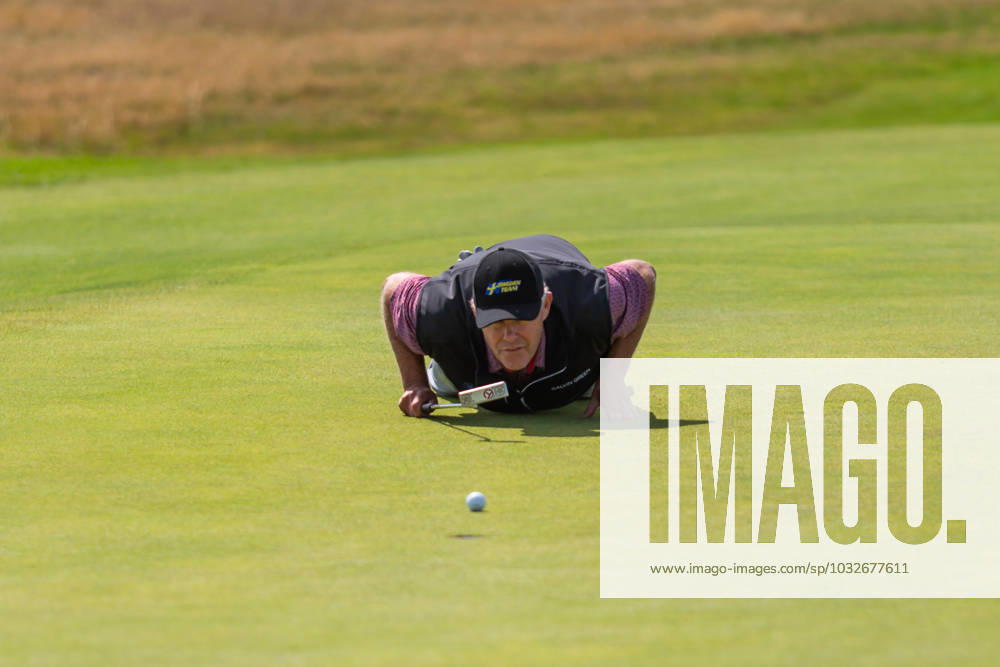 29th July 2023; Royal Porthcawl, Porthcawl, Bridgend, Wales: Senior Open Championship, Round 3; Sweden& x2019;s Joakim HAEGGMAN lines up his putt on the 18th. ActionPlus12537115 DanxMinto