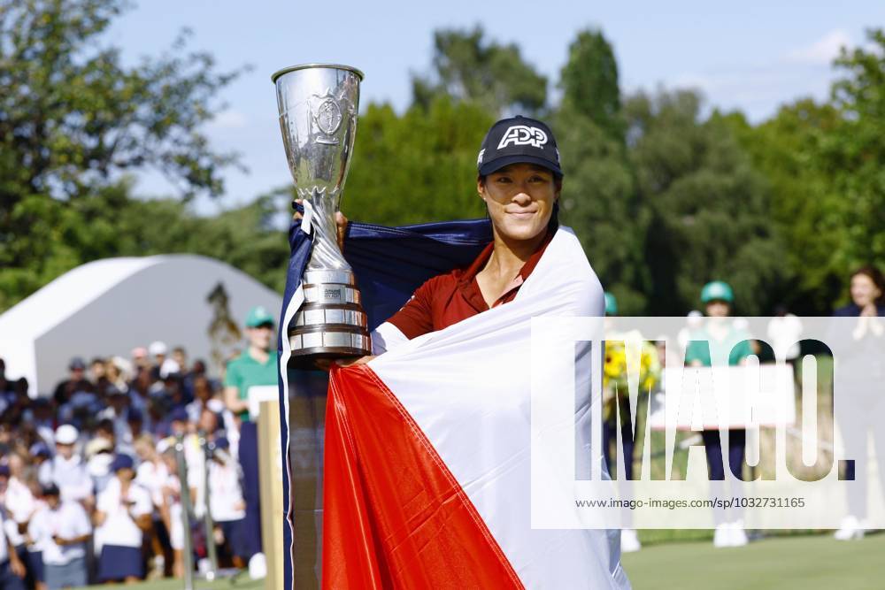 Golf: Evian Championship Celine Boutier of France celebrates with the victor s trophy after winning the Evian Championship golf tournament at Evian Resort Golf Club in Evian-les-Bains, France, on July 30, 2023. A14AA0001727986P
