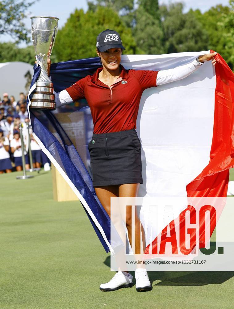 Golf: Evian Championship Celine Boutier of France celebrates after winning the Evian Championship golf tournament at Evian Resort Golf Club in Evian-les-Bains, France, on July 30, 2023. A14AA0001727990P