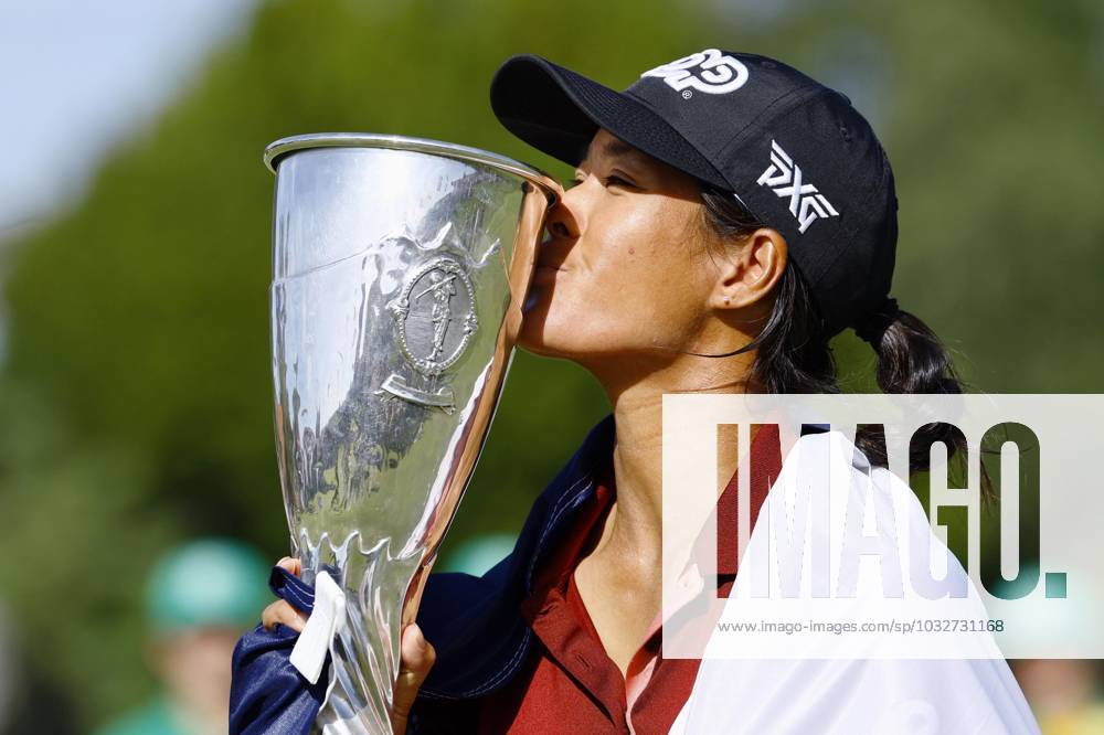 Golf: Evian Championship Celine Boutier of France kisses the victor s trophy after winning the Evian Championship golf tournament at Evian Resort Golf Club in Evian-les-Bains, France, on July 30, 2023. A14AA0001727993P