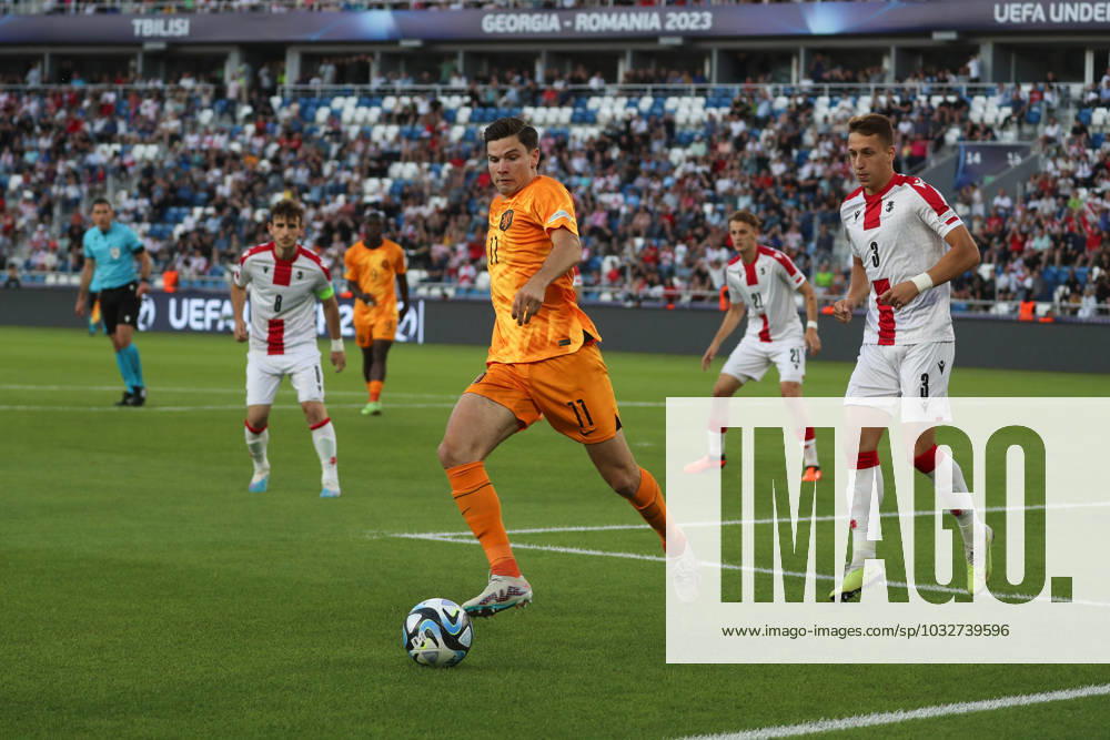 Jurgen Ekkelenkamp of Netherlands kicks the ball during the UEFA Under-21 Euro 2023 Group A match between Netherlands and Georgia on June 27, 2023, The Boris Paitchadze Dinamo Arena, Tbilisi, Georgia. Tbilisi Boris Paitchadze Dinamo Arena, Akaki Tsereteli Avenue, Kukia, Didube District, Tbilisi, 0112, Georgia Georgia