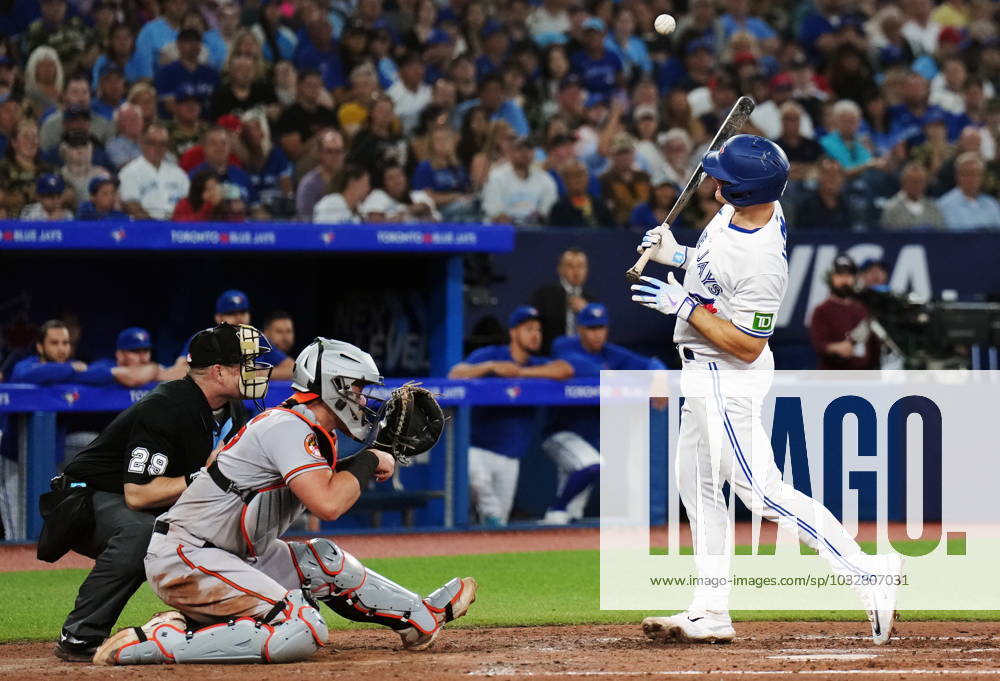 Toronto Blue Jays Matt Chapman (26) is hit by a pitch as Baltimore Orioles catcher James McCann (27) looks on during sixth inning American League MLB, Baseball Herren, USA baseball action in Toronto on Wednesday, August 2, 2023. Canada News - August 2, 2023 - ZUMAc35_ 20230802_zaf_c35_059